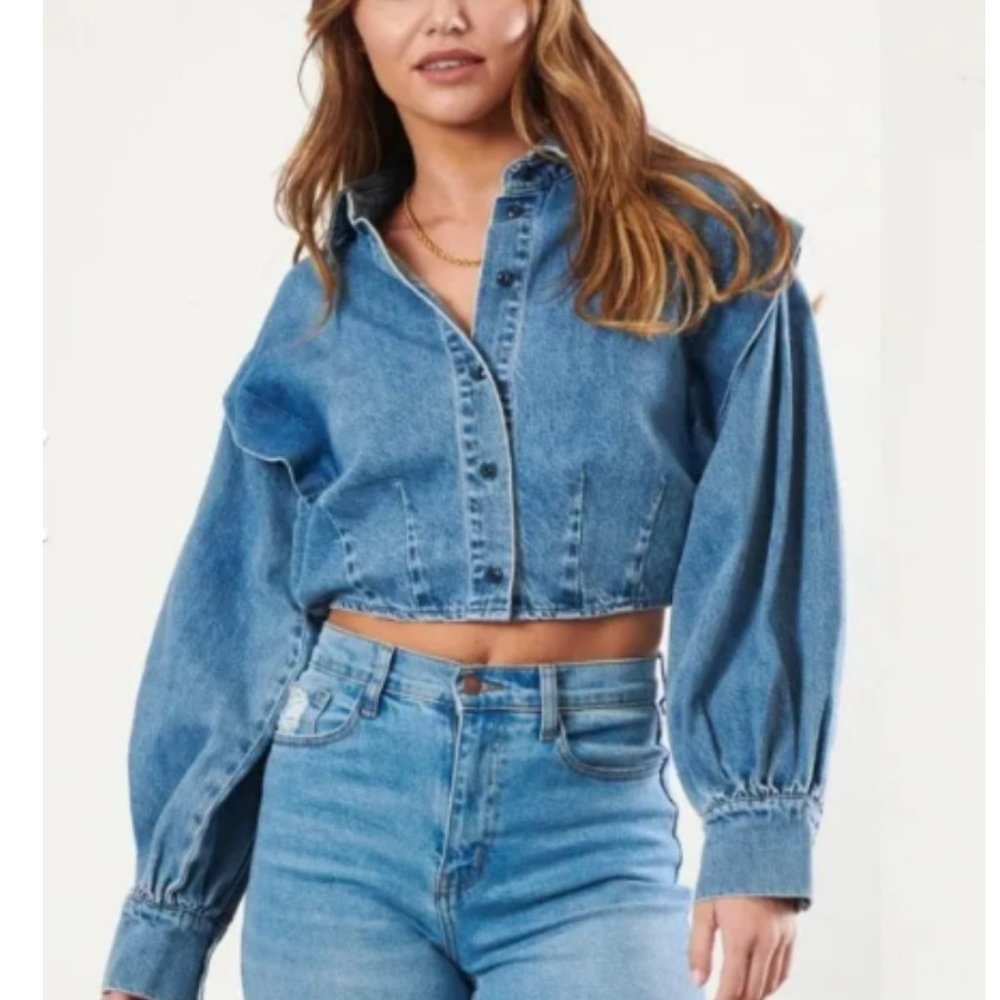 NWT Medium Wash oxy Oversized Women's Macy May Denim Shirt Jacket